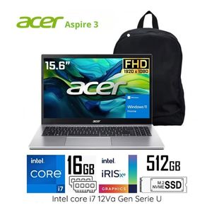 Laptop ACER Intel Core i7 1255U 16GB 512GB SSD Aspire 3 12° Gen 15.6" + MOCHILA DE REGALO