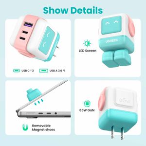 Cargador Ugreen Robot 65 Watts Tipo C Pantalla Led Carga Rapida Pink Blue 35856