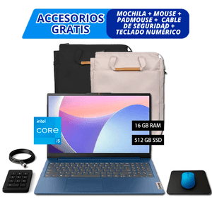 COMBO LAPTOP LENOVO IDEAPAD SLIM 3 83ER001DLM – I5-12450H, 16GB, 512GB SSD, AZUL + ACCESORIOS GRATIS (MOCHILA, MOUSE, PAD, CABLE DE SEGURIDAD Y TECLAD