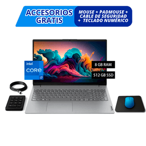COMBO LAPTOP LENOVO V15 G4 IRU – I7-13620H, 8GB, 512GB SSD, GRIS + ACCESORIOS GRATIS (MOUSE, PAD, CABLE DE SEGURIDAD Y TECLADO NUMÉRICO)